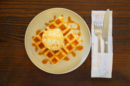 Combination of croissant and waffleの写真素材