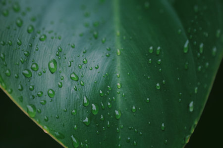 After rain drops on a big green leafの写真素材