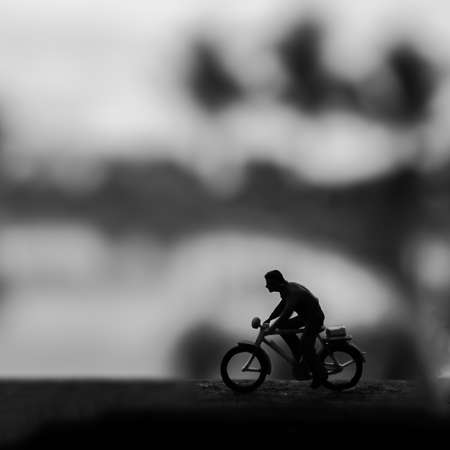 Silhouette man cycling. Black and whiteの写真素材