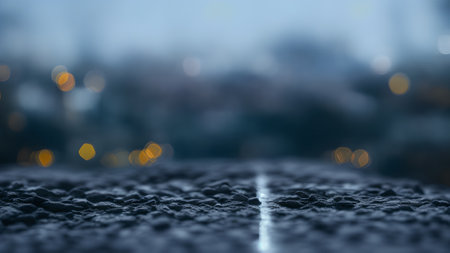 Close up of wet asphalt road with blurred bokeh background.の素材