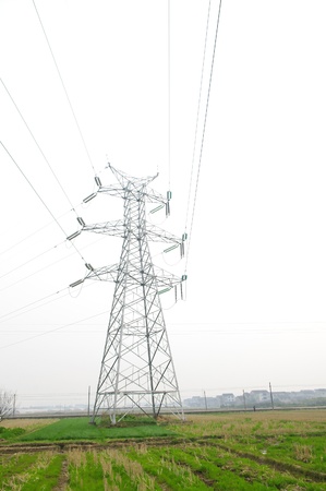 In the spring of electricity towersの写真素材
