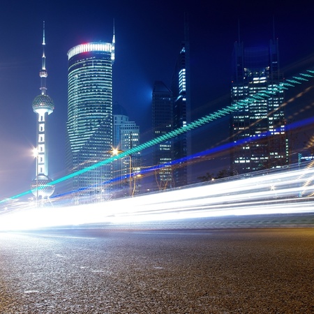 Night in Shanghai, China, construction and traffic light trailsのeditorial素材