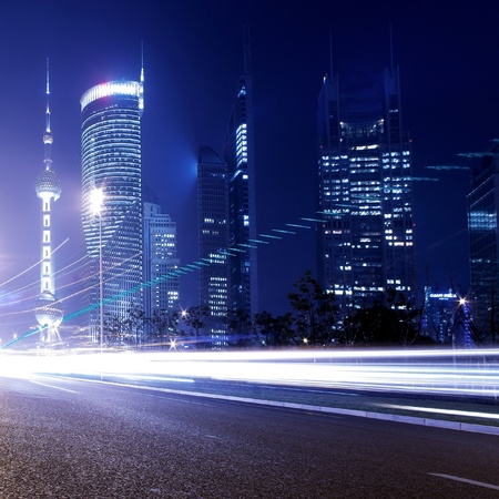 Night in Shanghai, China, construction and traffic light trailsのeditorial素材