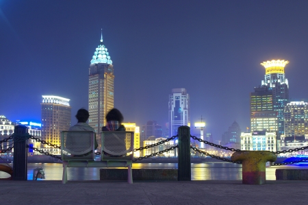 China Shanghai skyline nightの写真素材