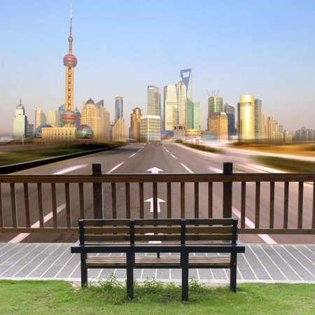 Sit and look at the Shanghai skylineのeditorial素材