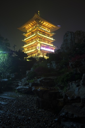 Chinese tower at night religionの写真素材