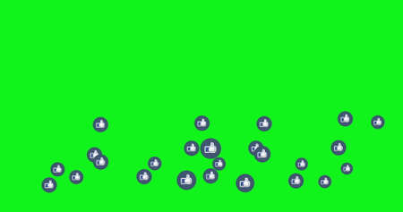 Thumbs up, blue icons social media live video isolated on green background. Network marketing.の写真素材