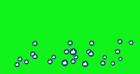 Social media icons.Thumbs up, blue icons social media live video isolated on green background. Network marketingの写真素材