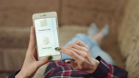 Woman at Home Lying on Couch in Living Room Using Smartphone Buys in Internet Shop. Woman Orders Deli Cheese Home In An Online Store Using a Smartphone. Female Selects Deli Cheese in Grocery Online Store.の写真素材
