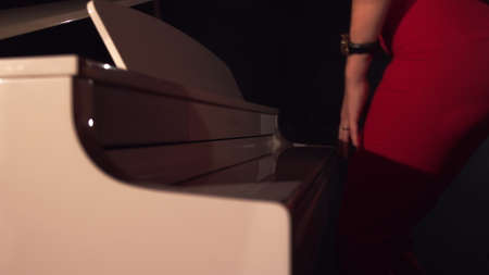 Woman pianists two hand opens the grand piano and starts playing classical music close up in slow motion.Piano keys close up in dark colors.The stage is filled with fog,preparation for the performanceの写真素材