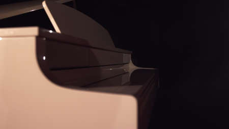 Woman pianists two hand opens the grand piano and starts playing classical music close up in slow motion.Piano keys close up in dark colors.The stage is filled with fog,preparation for the performanceの写真素材
