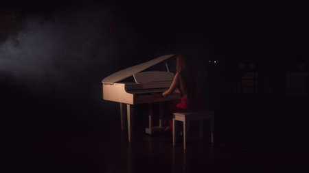 Pianist plays beautiful white grand piano on stage in concert . View from the back.Young beautiful girl in a red dress and plays the piano in a black room with a slight feeling of smokeの写真素材