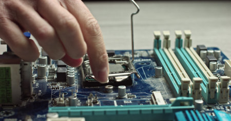 the dolly video of the CPU socket of the computers motherboard. the concept of computer,...