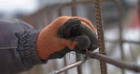 Engineers work with metal constructions while building a house. Twisting of a framework for pouring of concrete. Reinforcement of the foundation of the building with metalの写真素材