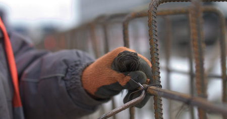 Engineers work with metal constructions while building a house. Twisting of a framework for pouring of concrete. Reinforcement of the foundation of the building with metalの写真素材