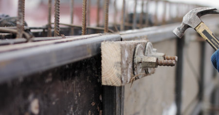 Engineers work with metal constructions while building a house. The worker fixes the form for pouring concrete, aligns metal boards. Filling the foundation of the building. The hammer fixes the formの写真素材