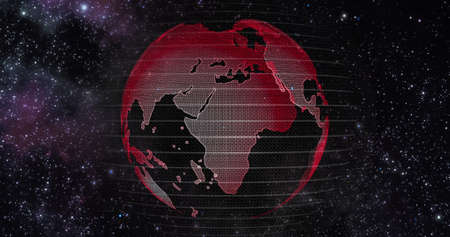 Red Earth Concept of Global Warming. Big data 3d Earth. Binary code surrounding globe rotating. Retro digital Earth. Digital data globe,abstract 3D rendering of data network surrounding planet earth.の写真素材