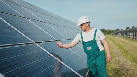 Engineer is checking the operation of sun and cleanliness of photovoltaic solar panels. Concept renewable energy. Caucasian man in hard helmet examining object solar panels. Concept of green energyの写真素材