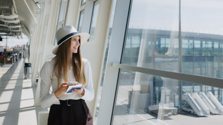 Elegant beautiful girl holding travel tickets and using a phone, happy girl looking at the camera in the airport terminal. Fashion woman portrait. Airport terminal. Business tripの写真素材