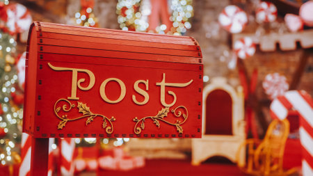 Closeup Red post box for letters to Lapland to Santa Claus. Christmas tradition. Decorative mailbox Santa Claus workshop, wrapped gifts presents boxes on holiday eve in night on xmas backgroundの写真素材