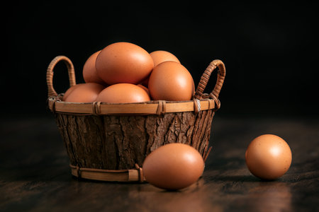 many eggs in and around a basket on a rustic old wooden table with a black background