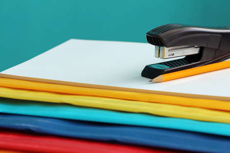 colorful packaging, staplers and pencil in the officeの写真素材