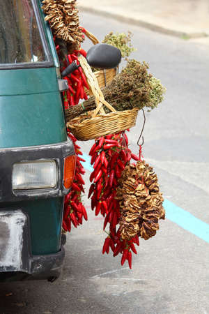 Car with herbs and spices on a street in Calabriaの写真素材