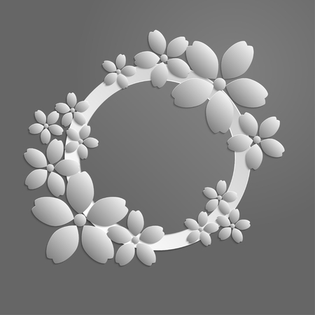 Decorative gray paper cut border with white paper flowers. 3D paper composition in gray scale.のイラスト素材