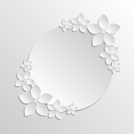 Paper badge template with paper white flowers on grayscale background.  のイラスト素材