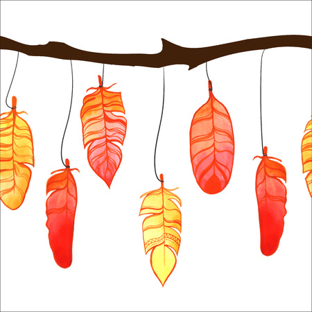 Seamless pattern with bright hand drawn watercolor feathers. Vector EPS 10のイラスト素材