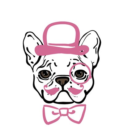 Fun hand drawn smiling pet portrait. French bulldog with a mustache  in the hat and  tie. Line art drawing. Sketch portrait with pink accessoriesのイラスト素材