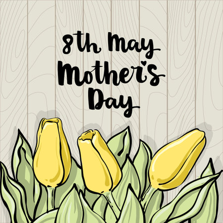 Romantic vector tulip composition with mother's day lettering, Bright yellow flowers on light wood background. Beautiful template for your design or advertise.のイラスト素材