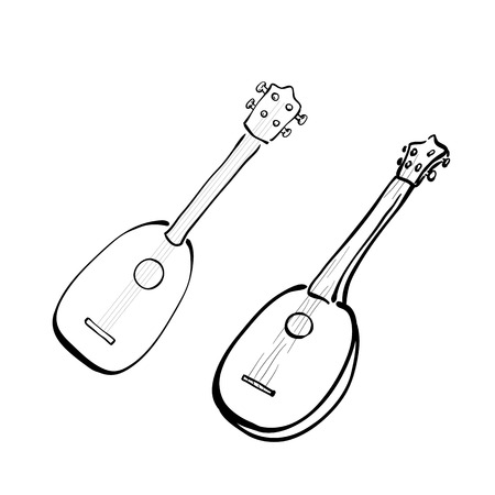 Set of hand drawn ukuleles in sketchy style. Front and side view. Vector illustration.のイラスト素材