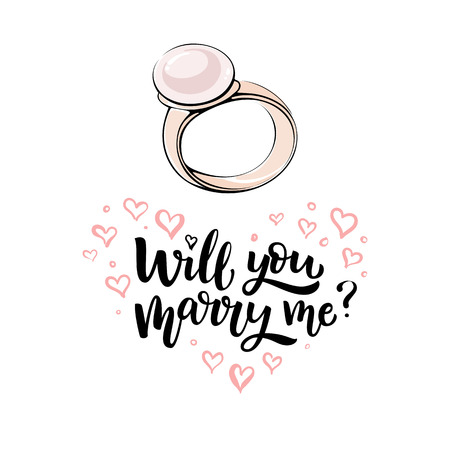 Romantic hand drawn vector illustration. Gold ring with pearl and lettering Will you marry meのイラスト素材