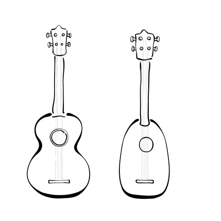 Set of hand drawn ukuleles in sketchy style. Front and side view. Different forms.のイラスト素材