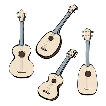 Set of hand drawn ukuleles. Front and side view. Different forms.のイラスト素材