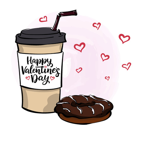 Hand drawn vector illustration with coffee to go cup, chocolate donut, lettering Happy Valentine's day and romantic hearts on light pink watercolor background.のイラスト素材