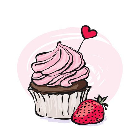 Sweet hand drawn illustration with cupcake and strawberry. Sketch vector dessert on delicate pink backgroundのイラスト素材