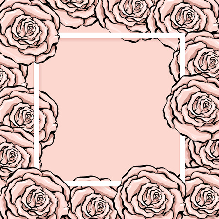 Decorative vector background with hand drawn rose flowers and simple borderのイラスト素材