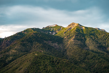 Beautiful green mountain with snow illuminated by the light of the sunset, Chile