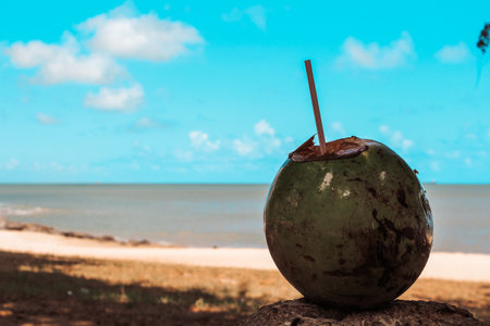 Coconut water on the beach with blue sky and white cloudsの写真素材