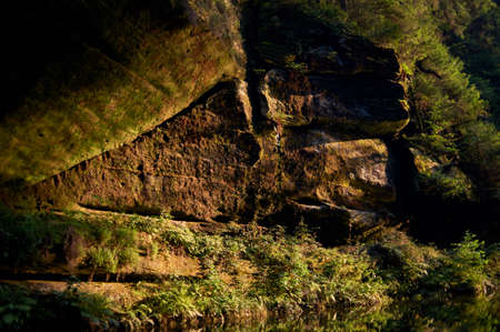 Mossed rocks in a beautiful sunset lightの写真素材
