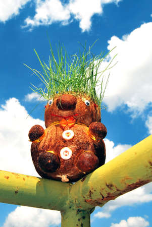 Doll with grass hairs on bluesky and clouds backgroundの写真素材