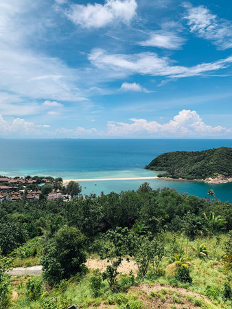 Aerial view of tropical island with sandbar in Koh Pha Ngan, Thailand