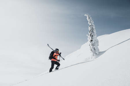 Mountaineer walking up along a snowy mountain with the skis in the backpack. Skier on the climbing track for freeride-descent. Backcountry skiers. ski free rider climbs the slope into deep snow powder.のeditorial素材