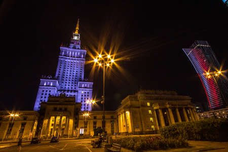 Palace of Culture and Science (Polish: Palac Kultury i Nauki, abbreviated PKiN) is a notable high-rise building in Warsaw, Poland. Constructed in 1955. Night viewのeditorial素材