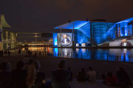 Berlin, Germany - Marie-Elisabeth-Lueders-Haus in the government district of Berlin with unidentified people at night during a light show. It is one of the buildings of the German Bundestag.のeditorial素材