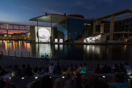 Berlin, Germany - Marie-Elisabeth-Lueders-Haus in the government district of Berlin with unidentified people at night during a light show. It is one of the buildings of the German Bundestag.のeditorial素材