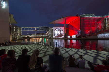 Berlin, Germany - Marie-Elisabeth-Lueders-Haus in the government district of Berlin with unidentified people at night during a light show. It is one of the buildings of the German Bundestag.のeditorial素材