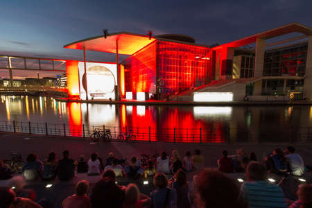 Berlin, Germany - Marie-Elisabeth-Lueders-Haus in the government district of Berlin with unidentified people at night during a light show. It is one of the buildings of the German Bundestag.のeditorial素材